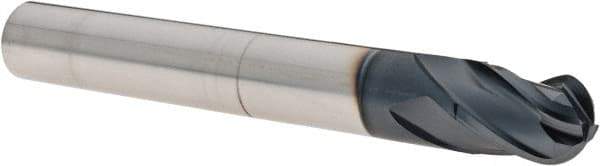 Iscar - 3/8" Diam, 7/16" LOC, 4 Flute Solid Carbide Ball End Mill - TiAlN Finish, Single End, 3" OAL, 3/8" Shank Diam, Spiral Flute - USA Tool & Supply