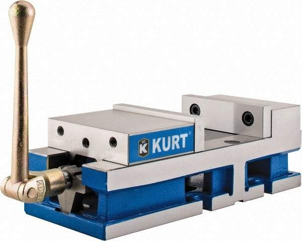 Kurt - 6" Jaw Width, 6" Jaw Opening Capacity, Horizontal Stationary Machine Vise - Manual Operation, 6,356 Lb Capacity, 1 Station, 17" Long x 4.6720" High x 1-31/64" Deep, 1.735" Jaw Height, 80 Lb Max Clamp Force - USA Tool & Supply