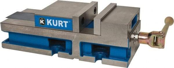 Kurt - 6" Jaw Width, 6" Jaw Opening Capacity, Horizontal Stationary Machine Vise - Reverse Manual Operation, 6,356 Lb Capacity, 1 Station, 17" Long x 4.6720" High x 1-31/64" Deep, 1.735" Jaw Height, 80 Lb Max Clamp Force - USA Tool & Supply