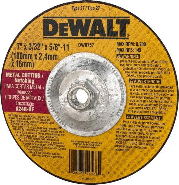 DeWALT - 24 Grit, 7" Wheel Diam, 3/32" Wheel Thickness, Type 27 Depressed Center Wheel - Aluminum Oxide, R Hardness, 8,700 Max RPM, Compatible with Angle Grinder - USA Tool & Supply