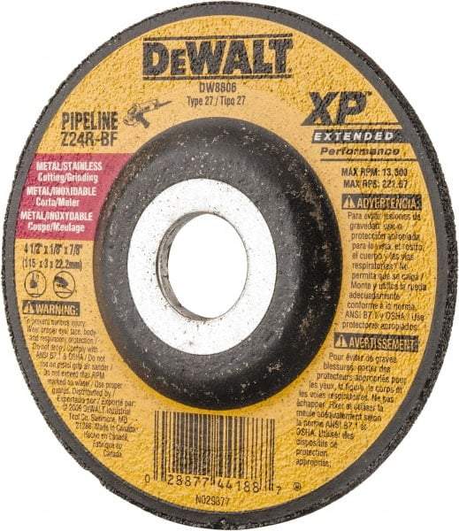 DeWALT - 24 Grit, 4-1/2" Wheel Diam, 1/8" Wheel Thickness, 7/8" Arbor Hole, Type 27 Depressed Center Wheel - Zirconia Alumina, R Hardness, 13,300 Max RPM, Compatible with Angle Grinder - USA Tool & Supply