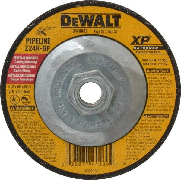 DeWALT - 24 Grit, 4-1/2" Wheel Diam, 1/8" Wheel Thickness, Type 27 Depressed Center Wheel - Zirconia Alumina, R Hardness, 13,300 Max RPM, Compatible with Angle Grinder - USA Tool & Supply