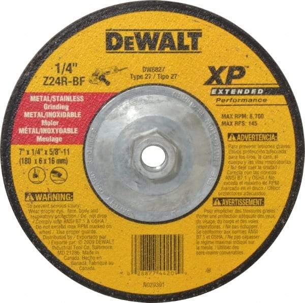 DeWALT - 24 Grit, 7" Wheel Diam, 1/4" Wheel Thickness, Type 27 Depressed Center Wheel - Zirconia Alumina, R Hardness, 8,700 Max RPM, Compatible with Angle Grinder - USA Tool & Supply