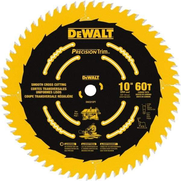 DeWALT - 10" Diam, 5/8" Arbor Hole Diam, 60 Tooth Wet & Dry Cut Saw Blade - Carbide-Tipped, Crosscut & Smooth Action, Standard Round Arbor - USA Tool & Supply