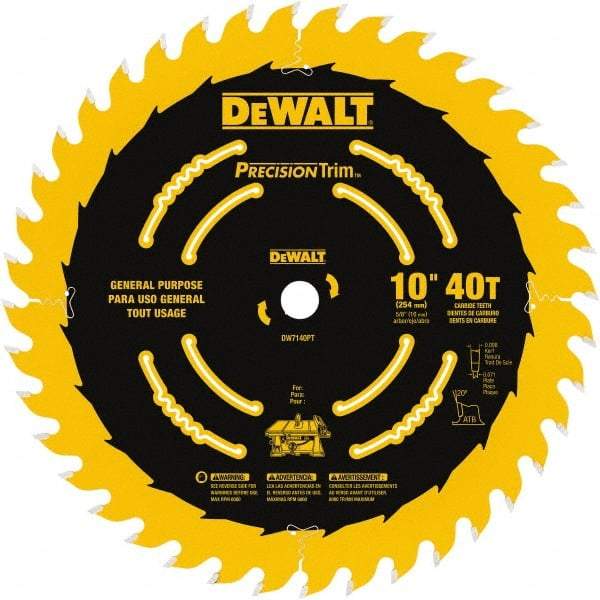 DeWALT - 10" Diam, 5/8" Arbor Hole Diam, 40 Tooth Wet & Dry Cut Saw Blade - Carbide-Tipped, General Purpose Action, Standard Round Arbor - USA Tool & Supply