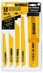 DeWALT - 12 Piece, 6" to 9" Long x 0.035" to 0.062" Thick, Bi-Metal Reciprocating Saw Blade Set - Straight and Tapered Profile, 6 to 24 Teeth per Inch, Angled Tip - USA Tool & Supply