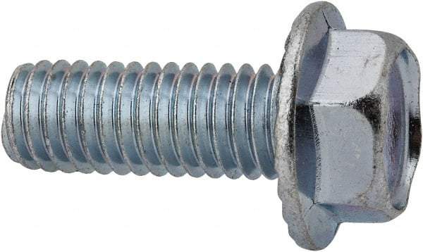 Value Collection - 3/8-16 UNC, 1" Length Under Head, Hex Drive Flange Bolt - 1" Thread Length, Grade 2 Steel, Serrated Flange, Zinc-Plated Finish - USA Tool & Supply
