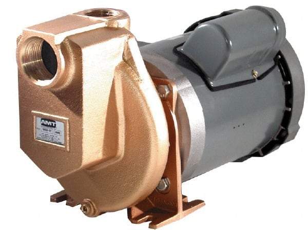 American Machine & Tool - 115/230 Volt, 1 Phase, 3/4 HP, Self Priming Pump - 1-1/2 Inch Inlet, 52 Head Pressure, Bronze and Cast Iron Housing, Bronze Impeller, PTFE Seal - USA Tool & Supply