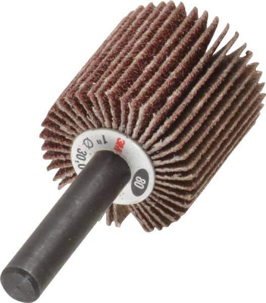 3M - 1" Diam x 1" Face Width, Medium Aluminum Oxide Coated Mounted Flap Wheel - 1/4" Shank Mount, 80 Grit, XE Weighted Cloth Backing, 30,000 Max RPM - USA Tool & Supply