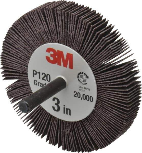 3M - 3" Diam x 1/2" Face Width, Fine Aluminum Oxide Coated Mounted Flap Wheel - 1/4" Shank Mount, 120 Grit, XE Weighted Cloth Backing, 18,000 Max RPM - USA Tool & Supply