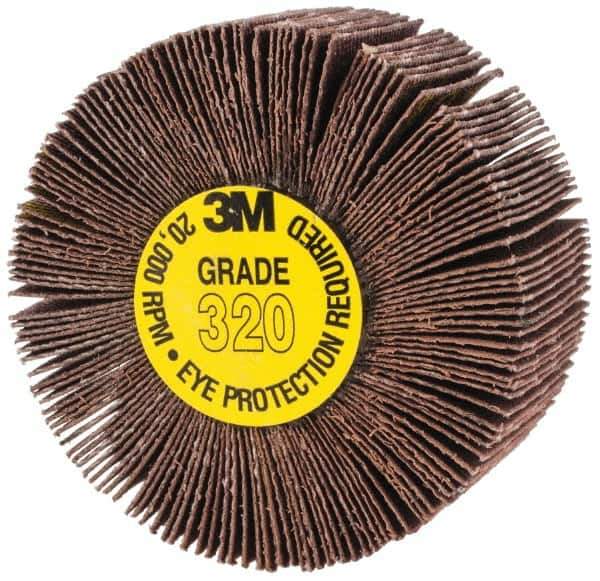 3M - 2" Diam x 1" Face Width, Extra Fine Aluminum Oxide Coated Mounted Flap Wheel - 1/4" Shank Mount, 320 Grit, XE Weighted Cloth Backing, 20,000 Max RPM - USA Tool & Supply