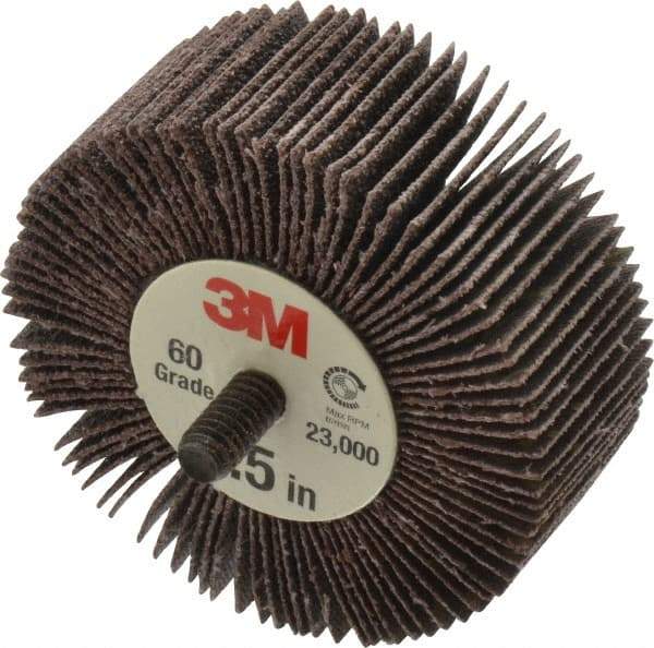 3M - 2-1/2" Diam x 1" Face Width, Medium Aluminum Oxide Coated Mounted Flap Wheel - 1/4-20 Threaded Mount, 60 Grit, XE Weighted Backing, 18,000 Max RPM - USA Tool & Supply