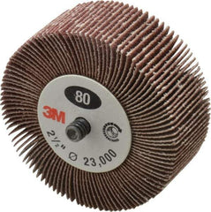 3M - 2-1/2" Diam x 1" Face Width, Medium Aluminum Oxide Coated Mounted Flap Wheel - 1/4-20 Threaded Mount, 80 Grit, XE Weighted Cloth Backing, 20,000 Max RPM - USA Tool & Supply