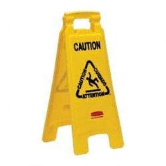 Rubbermaid - Caution, 11" Wide x 25" High, Plastic Floor Sign - English/French/Spanish, A-Frame, Black on Yellow, For Restroom, Janitorial & Housekeeping - USA Tool & Supply