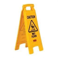 Rubbermaid - Caution - Wet Floor, 11" Wide x 25" High, Plastic Floor Sign - A-Frame, Black on Yellow, For Accident Prevention - USA Tool & Supply