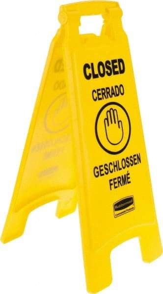 Rubbermaid - Closed, 11" Wide x 25" High, Plastic Floor Sign - English/French/German/Spanish, A-Frame, Black on Yellow, For Restroom, Janitorial & Housekeeping - USA Tool & Supply