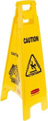 Rubbermaid - Caution, 12" Wide x 37" High, Plastic Floor Sign - English/French/Spanish, A-Frame, Black on Yellow, For Restroom, Janitorial & Housekeeping - USA Tool & Supply