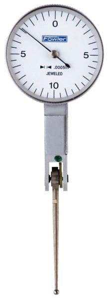Fowler - 0.02 Inch Range, 0.0005 Inch Dial Graduation, Horizontal Dial Test Indicator - 1 Inch White Dial, 0-10-0 Dial Reading - USA Tool & Supply