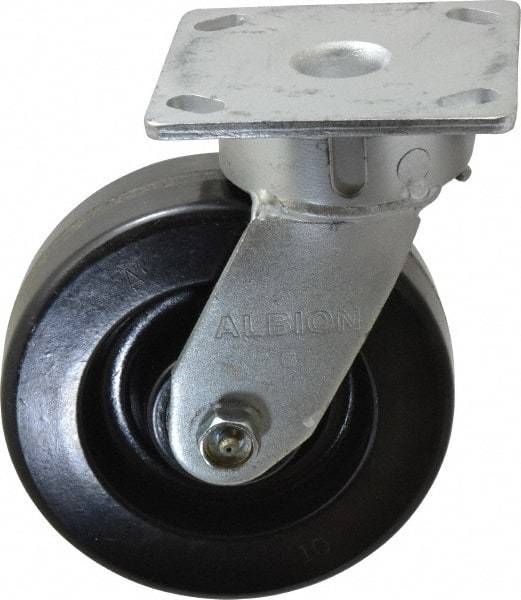 Albion - 6" Diam x 2" Wide x 7-1/2" OAH Top Plate Mount Swivel Caster - Phenolic, 1,200 Lb Capacity, Roller Bearing, 4 x 4-1/2" Plate - USA Tool & Supply