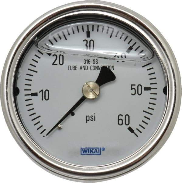 Wika - 2-1/2" Dial, 1/4 Thread, 0-60 Scale Range, Pressure Gauge - Center Back Connection Mount, Accurate to 2-1-2% of Scale - USA Tool & Supply