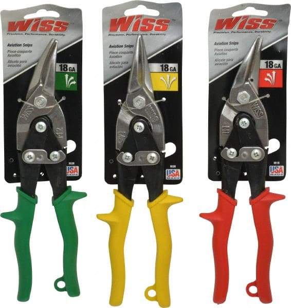 Wiss - 3 Piece Aviation Snip Set - Left, Right, Straight, 9-3/4" OAL, 1-3/8" LOC - USA Tool & Supply