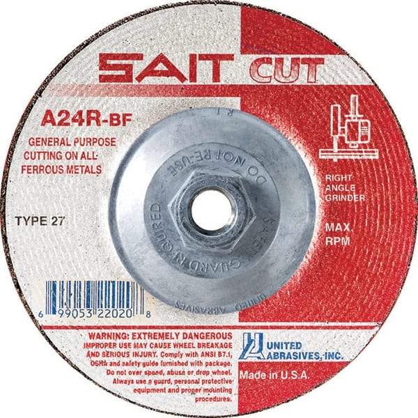 Sait - 24 Grit, 4-1/2" Wheel Diam, 3/32" Wheel Thickness, Type 27 Depressed Center Wheel - Aluminum Oxide, Resinoid Bond, R Hardness, 13,300 Max RPM, Compatible with Angle Grinder - USA Tool & Supply