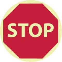 NMC - Stop, Anti-Skid Polyester Floor Sign - Round, Red on Glow (Yellow), Adhesive Backed, For Security & Admittance - USA Tool & Supply