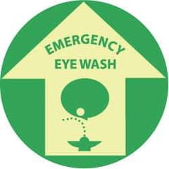 NMC - Emergency Eye Wash, Anti-Skid Polyester Floor Sign - Round, Green on Yellow (Glow), Adhesive Backed, For First Aid - USA Tool & Supply