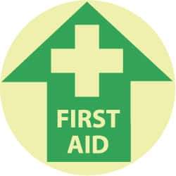 NMC - First Aid, Anti-Skid Polyester Floor Sign - Round, Green on Yellow (Glow), Adhesive Backed, For First Aid - USA Tool & Supply