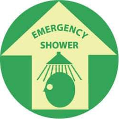 NMC - Emergency Shower, Anti-Skid Polyester Floor Sign - Round, Green on Yellow (Glow), Adhesive Backed, For First Aid - USA Tool & Supply