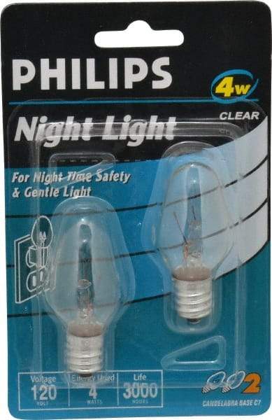 Philips - 4 Watt Incandescent Residential/Office Candelabra Screw Lamp - 2,700°K Color Temp, 16 Lumens, 120 Volts, Dimmable, C7, 3,000 hr Avg Life - USA Tool & Supply