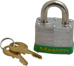 Master Lock - Keyed Alike Retaining Key Conductive Lockout Padlock - 3/4" Shackle Clearance, 9/32" Shackle Diam, 1-1/4" Body Height x 1-9/16" Body Width, Green, 4 Pins - USA Tool & Supply