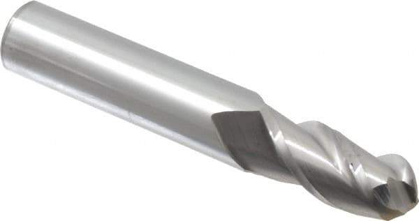 Accupro - 15/32" Diam, 1" LOC, 3 Flute Solid Carbide Ball End Mill - Uncoated, Single End, 3" OAL, 1/2" Shank Diam, Spiral Flute - USA Tool & Supply