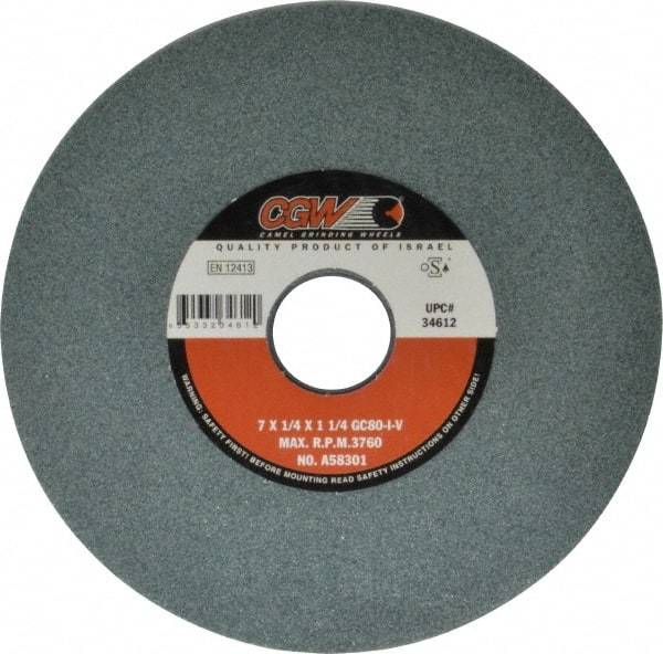 Camel Grinding Wheels - 7" Diam x 1-1/4" Hole x 1/4" Thick, I Hardness, 80 Grit Surface Grinding Wheel - Silicon Carbide, Type 1, Medium Grade, 3,760 Max RPM, Vitrified Bond, No Recess - USA Tool & Supply