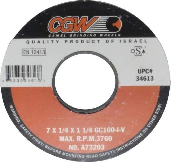 Camel Grinding Wheels - 7" Diam x 1-1/4" Hole x 1/4" Thick, I Hardness, 100 Grit Surface Grinding Wheel - Silicon Carbide, Type 1, Fine Grade, 3,760 Max RPM, Vitrified Bond, No Recess - USA Tool & Supply