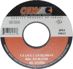 Camel Grinding Wheels - 7" Diam x 1-1/4" Hole x 1/4" Thick, I Hardness, 100 Grit Surface Grinding Wheel - Silicon Carbide, Type 1, Fine Grade, 3,760 Max RPM, Vitrified Bond, No Recess - USA Tool & Supply