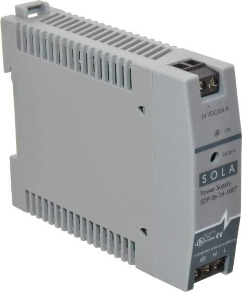 Sola/Hevi-Duty - 100 Watt, 0.60 Amp, 264 VAC, 375 VDC Input, 24 to 28 VDC Output, DIN Rail Power Supply - Screw Terminal Connection, 1 Output, 0.9 Inch Wide x 3.8 Inch Deep x 2.95 Inch High, Up to 80% Efficiency, 14 to 140°F, Green LED Display - USA Tool & Supply