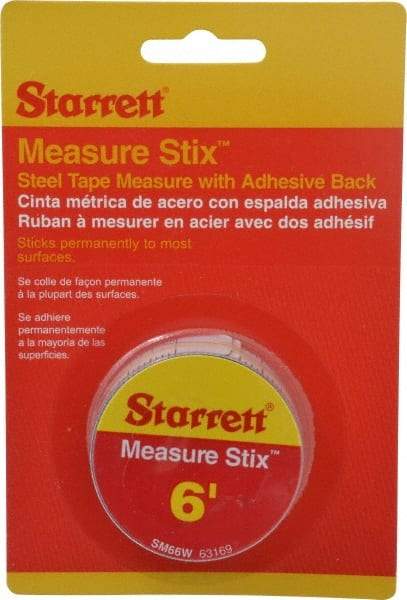 Starrett - 6 Ft. Long x 3/4 Inch Wide, 1/32 and 1/16 Inch Graduation, White, Steel Adhesive Tape Measure - USA Tool & Supply