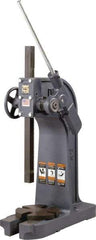 Dake - 1-1/4" Ram, 7" Throat Depth, 3 Ton Manual Arbor Press - 17-1/2" Max Work Height x 14" Max Work Width, Ratchet Leverage, 48:1 Leverage Ratio, 8-1/4" Base Width x 21" Base Depth - USA Tool & Supply