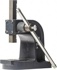 Dake - 1" Ram, 3-1/2" Throat Depth, 1 Ton Manual Arbor Press - 4-1/2" Max Work Height x 7" Max Work Width, Single Leverage, 25:1 Leverage Ratio, 4-1/4" Base Width x 9-1/2" Base Depth - USA Tool & Supply