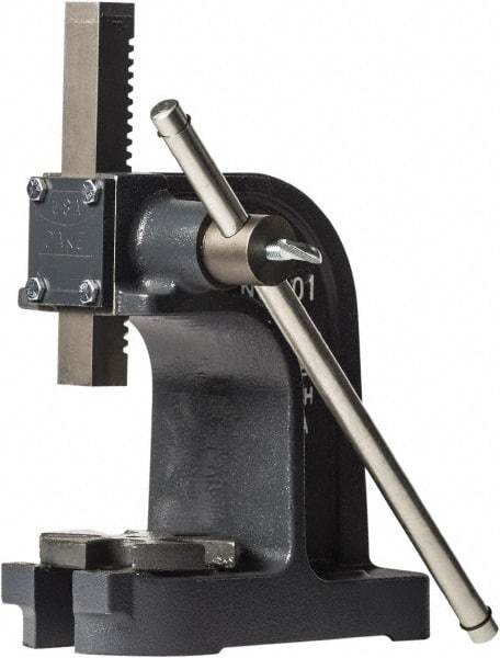 Dake - 1" Ram, 3-1/2" Throat Depth, 1 Ton Manual Arbor Press - 4-1/2" Max Work Height x 7" Max Work Width, Single Leverage, 25:1 Leverage Ratio, 4-1/4" Base Width x 9" Base Depth - USA Tool & Supply