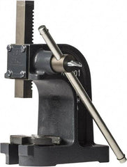 Dake - 1" Ram, 3-1/2" Throat Depth, 1 Ton Manual Arbor Press - 4-1/2" Max Work Height x 7" Max Work Width, Single Leverage, 25:1 Leverage Ratio, 4-1/4" Base Width x 9" Base Depth - USA Tool & Supply