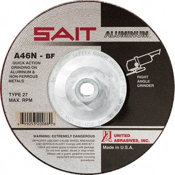 Sait - 46 Grit, 7" Wheel Diam, 1/4" Wheel Thickness, Type 27 Depressed Center Wheel - Aluminum Oxide, Resinoid Bond, N Hardness, 8,500 Max RPM, Compatible with Angle Grinder - USA Tool & Supply