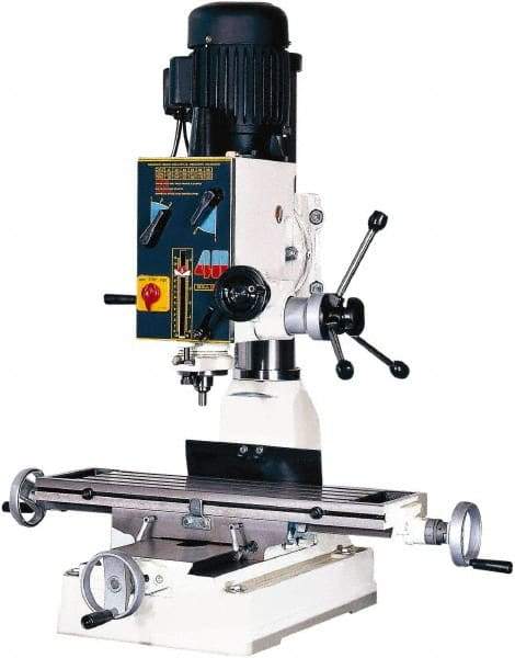 Rong Fu - 1 Phase, 20" Swing, Geared Head Mill Drill Machine - 28-3/4" Table Length x 8-1/4" Table Width, 18-1/8" Longitudinal Travel, 9" Cross Travel, 6 Spindle Speeds, 1 hp, 220 Volts - USA Tool & Supply