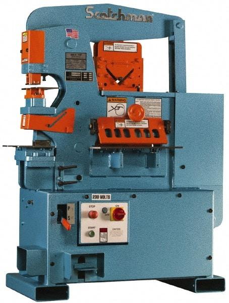 Scotchman - 6" Throat Depth, 50 Ton Punch Pressure, 1-1/4" in 1/2" & 13/16" in 3/4" Punch Capacity Ironworker - 3 hp, 3 Phase, 208/380/575 (Standard), 220 (Optional) & 230/460 (Standard) Volts, 47" Wide x 59" High x 29" Deep - USA Tool & Supply