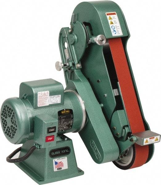 Burr King - 60 Inch Long x 2-1/2 Inch Wide Belt Grinder - 1-1/2 hp, 120/220 Volts, Vertical Belt, 800 to 8,000 Ft. per Min Belt Speed - USA Tool & Supply