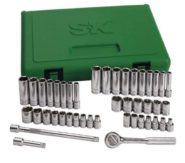 SK - 44 Piece 1/4" Drive Standard Deep Socket Set - 6 Points, 3/16 to 9/16", 4 to 15mm, Inch/Metric Measurement Standard - USA Tool & Supply