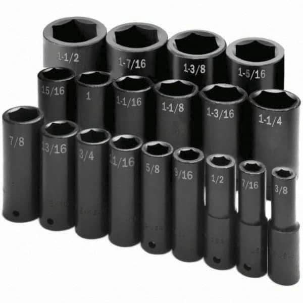 SK - 1/2" Drive Deep Impact Socket Set - 3/8 to 1-1/2", Inch Measurement Standard - USA Tool & Supply