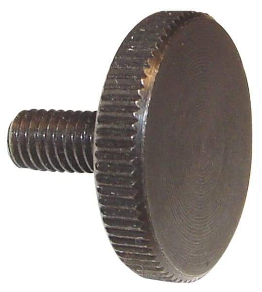Morton Machine Works - M5x0.80 Knurled Shoulderless Grade C-1018 Steel Thumb Screw - 24mm OAL, 20mm Head Diam x 4mm Head Height, Black Oxide Finish - USA Tool & Supply