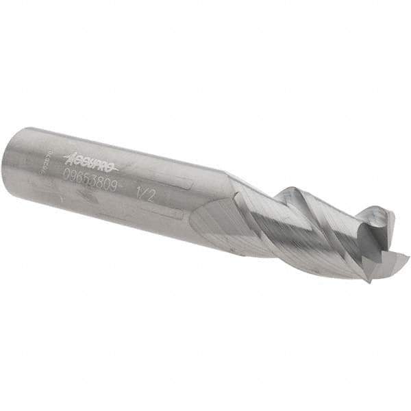 Accupro - 1/2", 1" LOC, 1/2" Shank Diam, 3" OAL, 3 Flute, Solid Carbide Square End Mill - Single End, Uncoated, Spiral Flute, 40° Helix, Centercutting, Right Hand Cut, Right Hand Flute - USA Tool & Supply